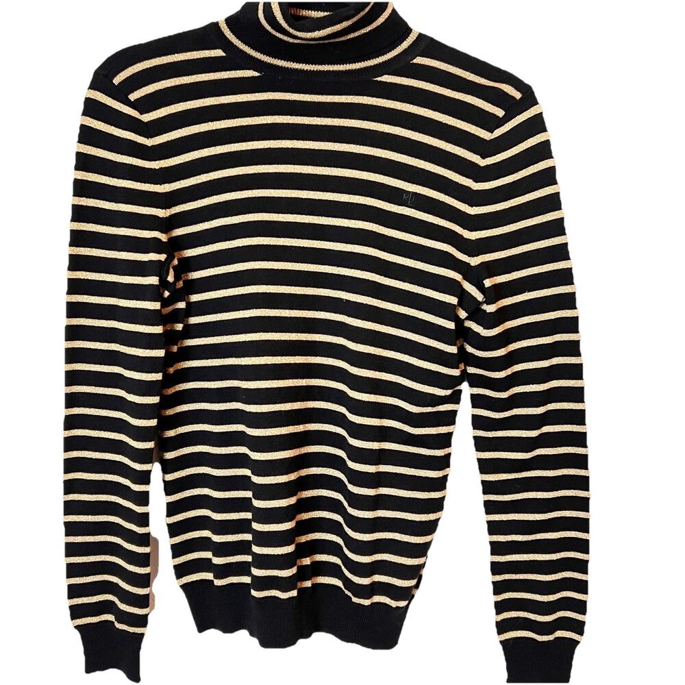 WOMEN'S LAUREN RALPH LAUREN MEDIUM PETITE TURTLENECK SWEATER BLACK & GOLD PM